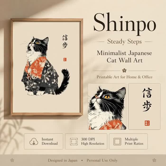 猫のウォールアートプリント - Shinpo Steady Steps ミニマリストな